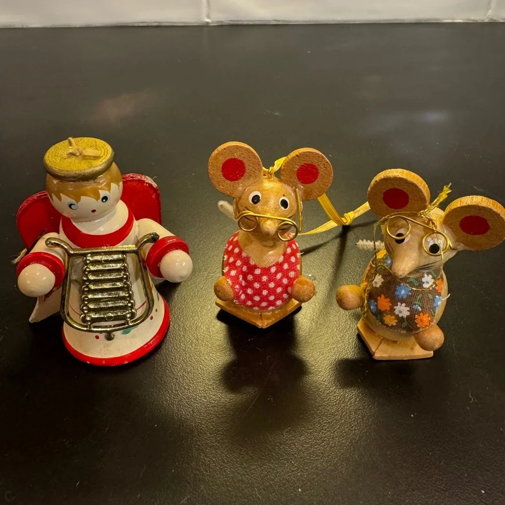 Vintage Christmas Ornaments Set of 3 Multicolor Wood Angel Mice Folk Art